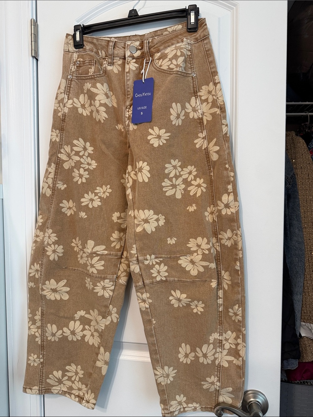 SHEIN Tan Floral Wide Leg Jeans